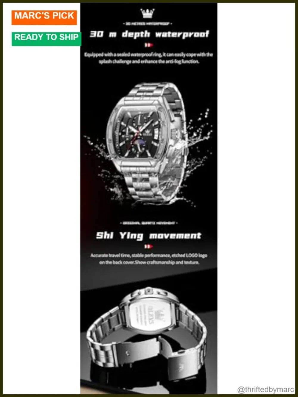 Mens Square Chronograph Quartz Watch Stainless Steel Leather Band Luminous Date